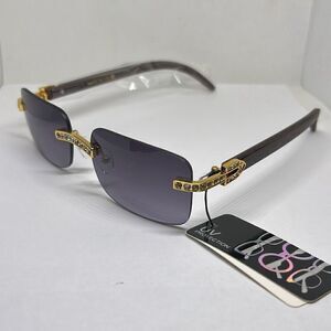 Rimless Rhinestone Wood Print Women’s Sunglasses